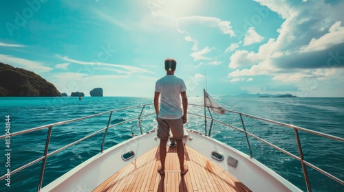 A man stands on the back of a boat in the vast ocean, adventure background
