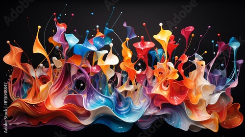 A stunning digital artwork depicting vibrant splashes of colorful liquid in motion against a dark background 