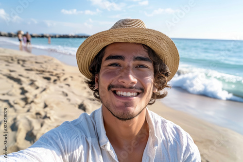 Hispanic Young Man in Straw Hat Enjoying a Beach Day, A cheerful Hispanic young man in a straw hat takes a selfie, illustrating a Summer Vacation Concept on a sunlit sandy beach.