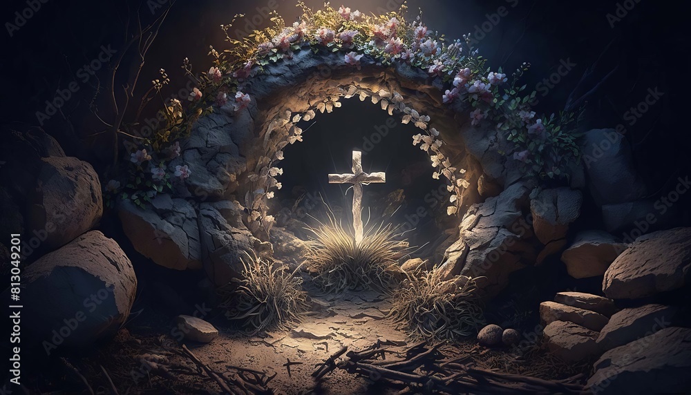Obraz premium Resurrection - light in an empty tomb with a crucifix at dawn. Generative AI,