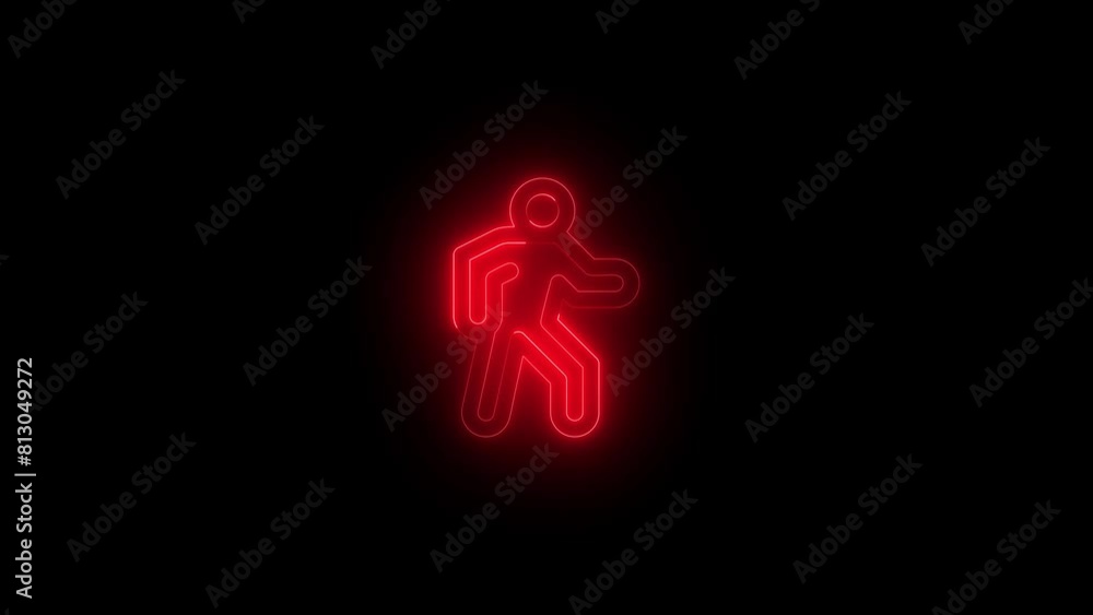 Neon glowing red color people walk icon on black background animation Neon glowing red color people walk icon on black background animation