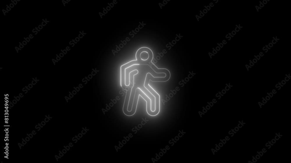 Neon glowing white color people walk icon on black background animation Neon glowing white color people walk icon on black background animation