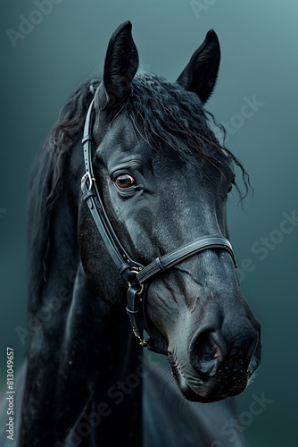 A gorgeous black stallion stands with elegance, portraying the beauty of equestrian excellence. © Andrii Zastrozhnov