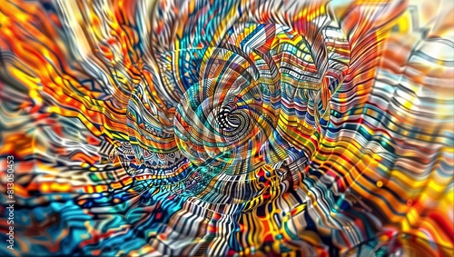 Psychedelic and energetic digital artwork with swirling  twisting patterns in warm and cool tones  radiating outwards in a vortex-like spiral formation.