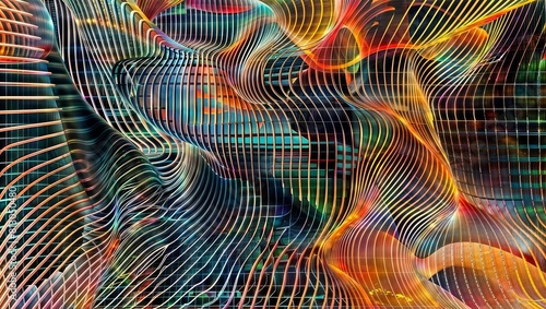 Abstract digital art with mesmerizing wavy and curved patterns in shades of orange, blue, and green, creating a sense of depth and movement.