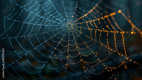 Spooky cobweb wallpaper. Halloween creepy spider web with drops of dew, moody spiderweb background, scary Halloween spider web background illustration. Frightening spider web decoration