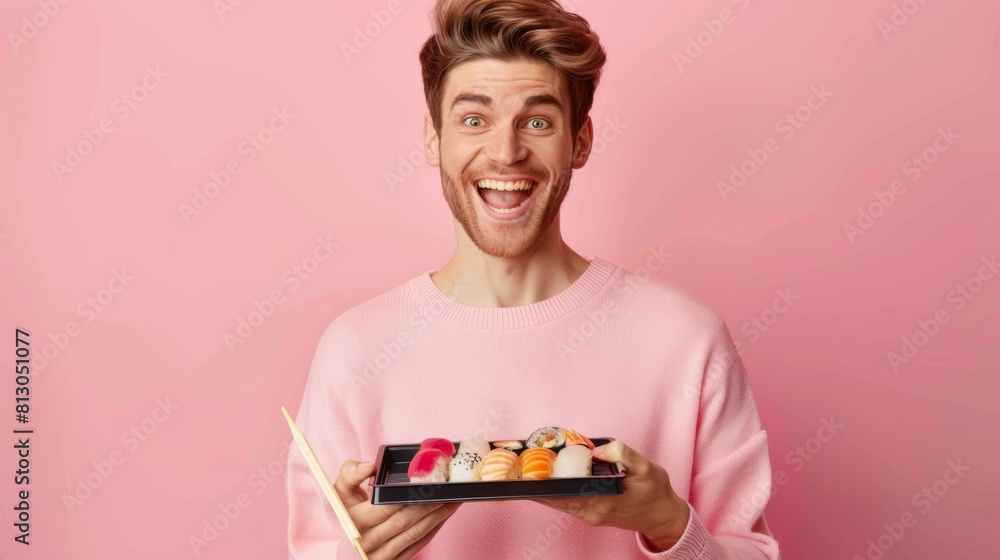 Man Holding a Sushi Platter Man Holding a Sushi Platter