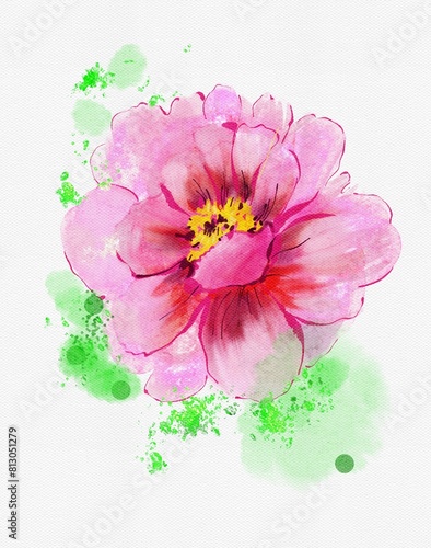 watercolor flower background. Watercolor peony flower with leaves. Card design. Hand drawn illustration.  © Olesia La
