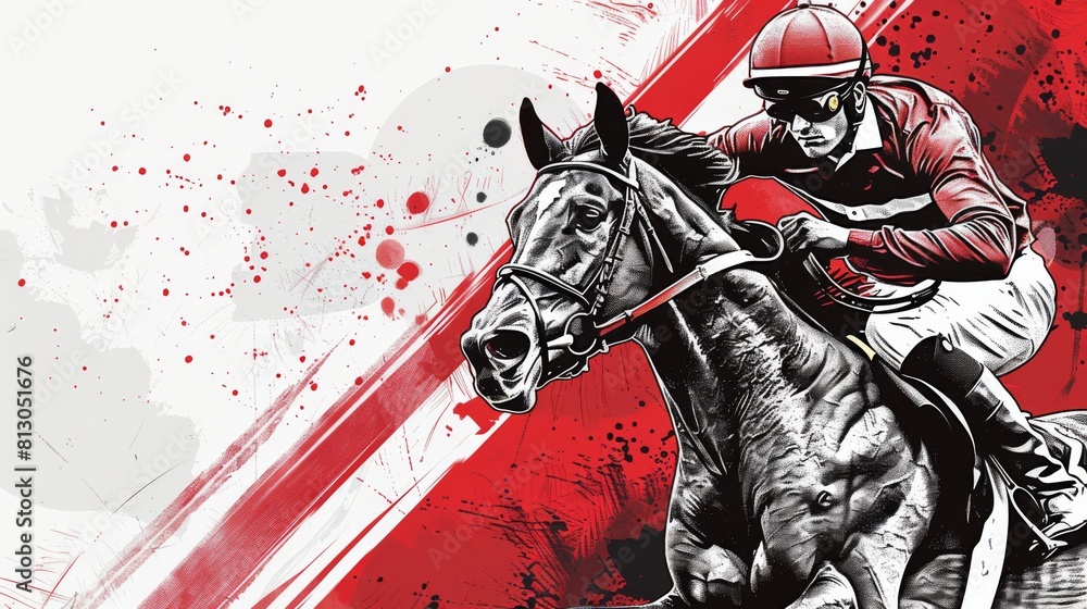 Illustration of racehorse at full speed on a racetrack, with a dynamic red and orange background. Illustration of racehorse at full speed on a racetrack, with a dynamic red and orange background.