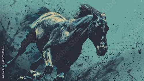 Illustration of racehorse at full speed on a racetrack  with a dynamic red and orange background.