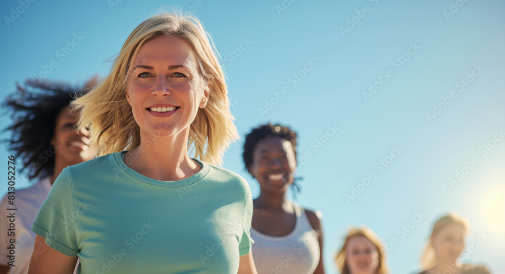 Group of diverse women with joyful expressions is having a great time together under a clear blue sky, showcasing friendship and happiness with a beautiful lead smiling at the forefront Group of diverse women with joyful expressions is having a great time together under a clear blue sky, showcasing friendship and happiness with a beautiful lead smiling at the forefront