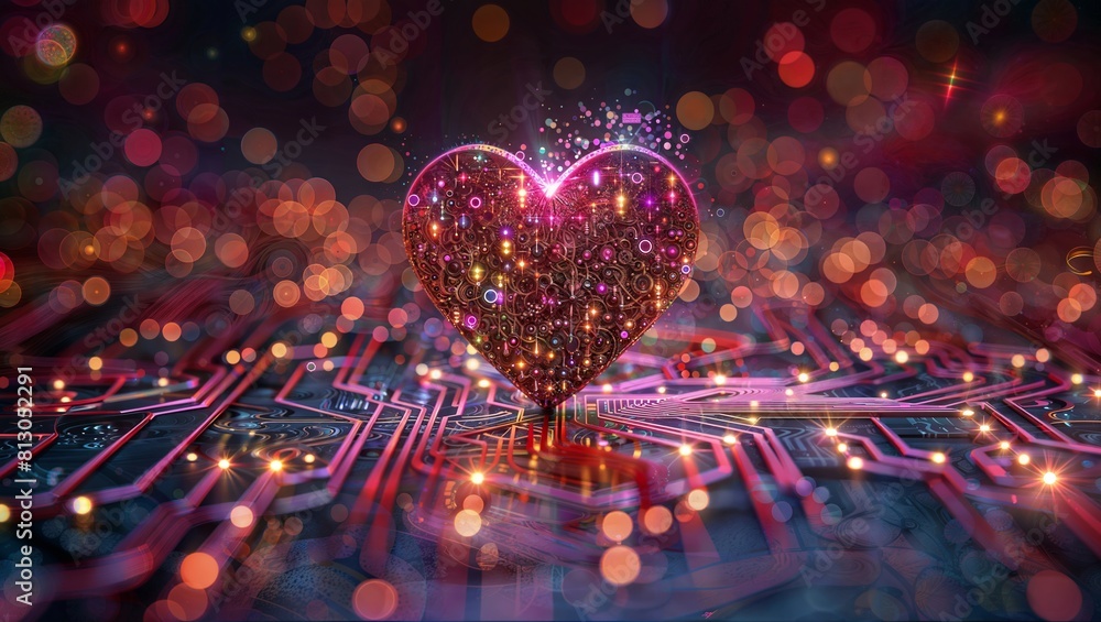A stunning and intricate digital artwork featuring a glowing, fractal-like heart shape composed of intricate circuitry and particles, set against a vibrant and colorful bokeh background. A stunning and intricate digital artwork featuring a glowing, fractal-like heart shape composed of intricate circuitry and particles, set against a vibrant and colorful bokeh background.