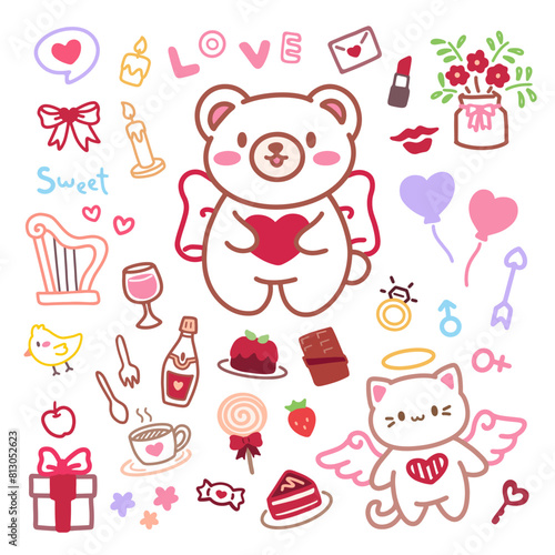 Cute kawaii valentine's day hand draw collection. Adorable love and romance Illustrations.