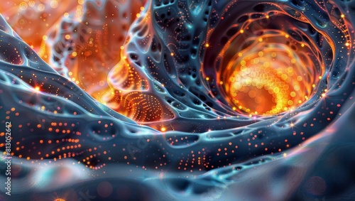 Mesmerizing abstract fractal artwork with vibrant warm and cool tones forming swirling, otherworldly vortex patterns evocative of cosmic phenomena or microscopic natural structures.