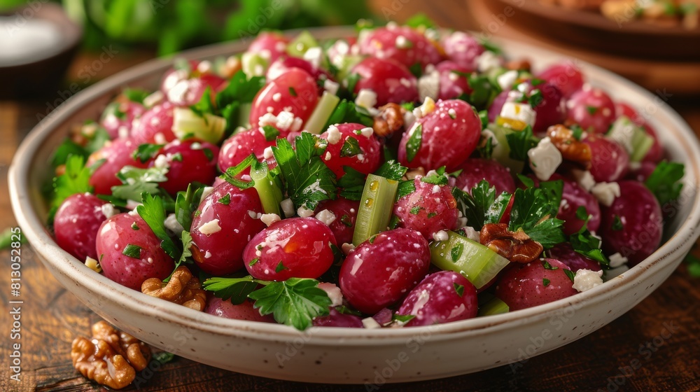 Salad of fresh grapes, finely chopped celery, coarsely chopped walnuts and crumbled feta cheese. Salad of fresh grapes, finely chopped celery, coarsely chopped walnuts and crumbled feta cheese.