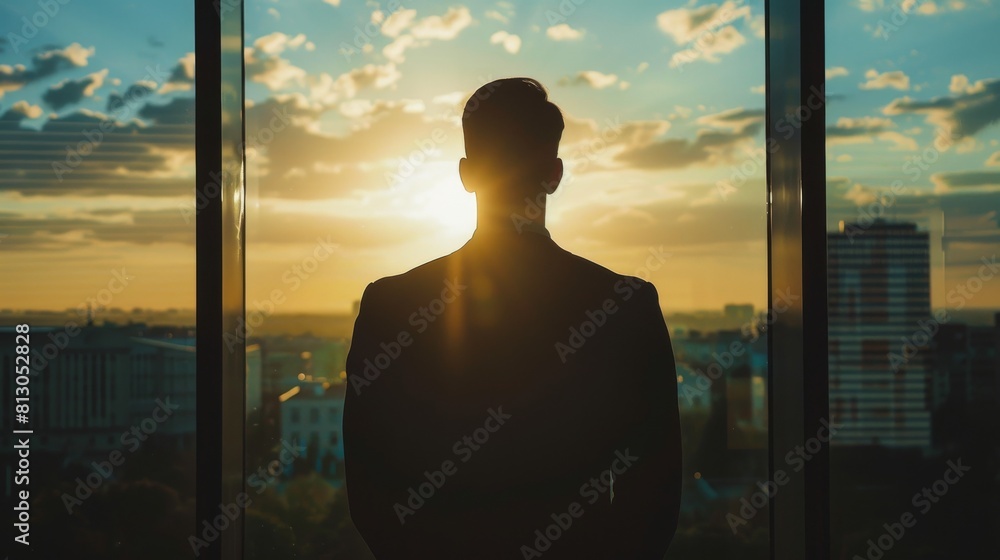 A silhouette of a person stands in front of a window overlooking a cityscape at sunset, with beautiful orange and blue hues A silhouette of a person stands in front of a window overlooking a cityscape at sunset, with beautiful orange and blue hues
