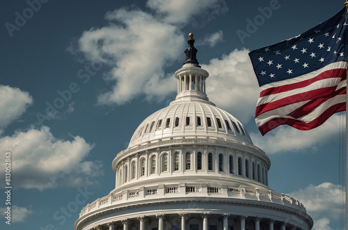 Detailing the Capitol Dome of the White House in Washington, D.C., Accompanied by the Waving American Flag - A Symbol of National Pride and Democracy