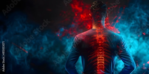 Man with back pain due to spinal disc disease on black background. Concept Spinal Disc Disease, Back Pain, Health Condition, Black Background, Man photo