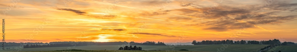 Panoramic sunrise view of Stonehenge in England. United Kingdom 