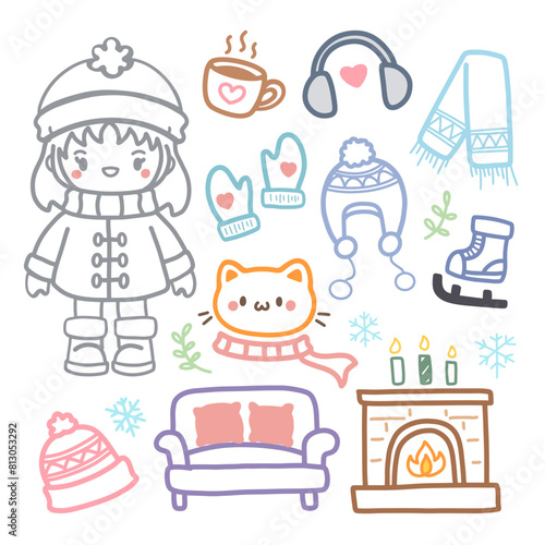 Cute Winter Doodle Set with Cozy Elements and Characters