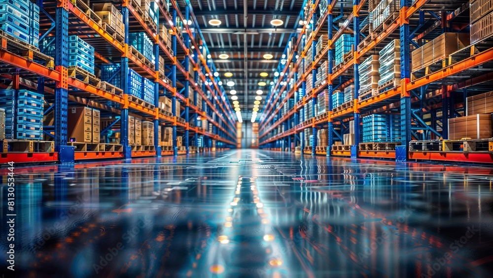 An industrial interior of a large, modern warehouse or distribution center with rows of tall shelving units, bright lighting, and a reflective polished concrete floor. An industrial interior of a large, modern warehouse or distribution center with rows of tall shelving units, bright lighting, and a reflective polished concrete floor.