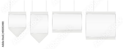 Hanging on chain supermarket promotion banner display board. Vector mock-up set. Isolated ceiling white sign holder for retail store. Mockup kit. Template for design