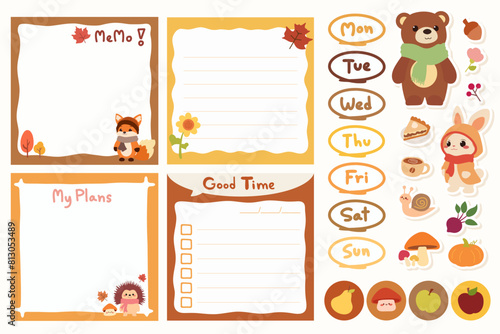 Set of Cute template notes with autumn theme. Memos and stickers. Cute paper memo template. Notes, memos and to do lists used in a diary, home or office.