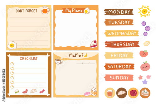 Set of Cute template notes with breakfast theme. Memos and stickers. Cute paper memo template. Notes, memos and to do lists used in a diary, home or office.