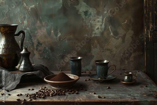 Elegant darktone image featuring an antique coffee pot, cups, and beans on a wooden table photo