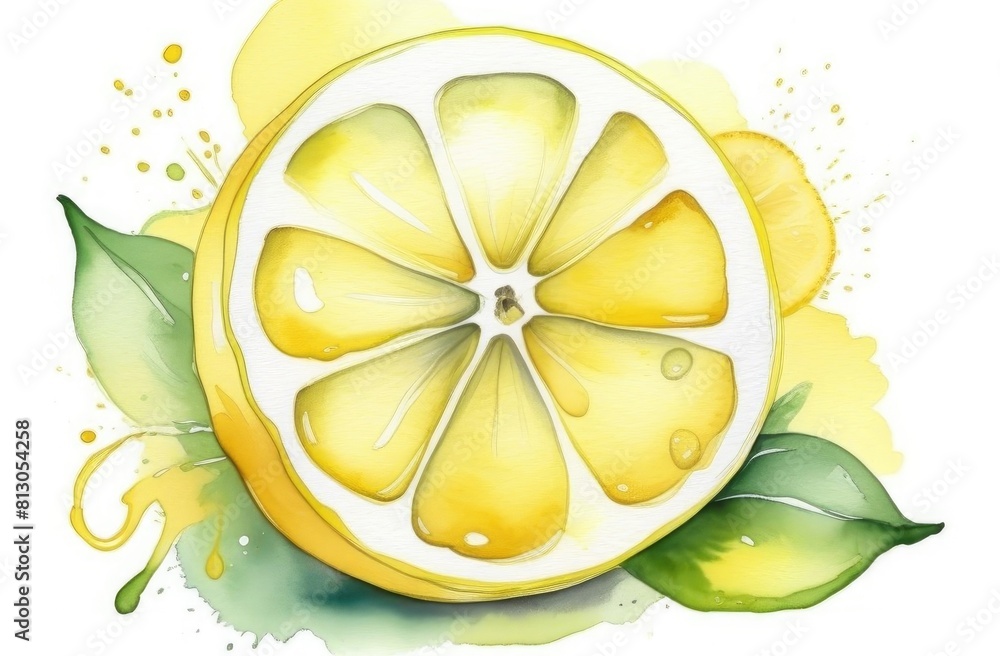 Half yellow lemon, splashes on white background. Watercolor illustration. Half yellow lemon, splashes on white background. Watercolor illustration.