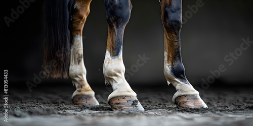 Horse with navicular disease experiencing heel pain and lameness highlighted hoof. Concept Equine Health, Navicular Disease, Heel Pain, Lameness, Hoof Injuries photo