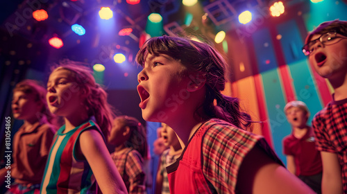 Children rehearsing a play in school theater on Children's Day.