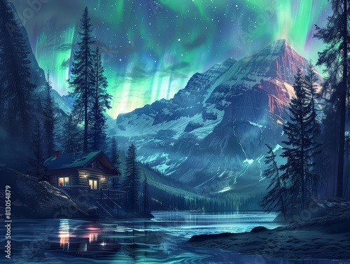 A tranquil lakeside cabin nestled against a backdrop of majestic snowcapped peaks under a dazzling display of aurora lights