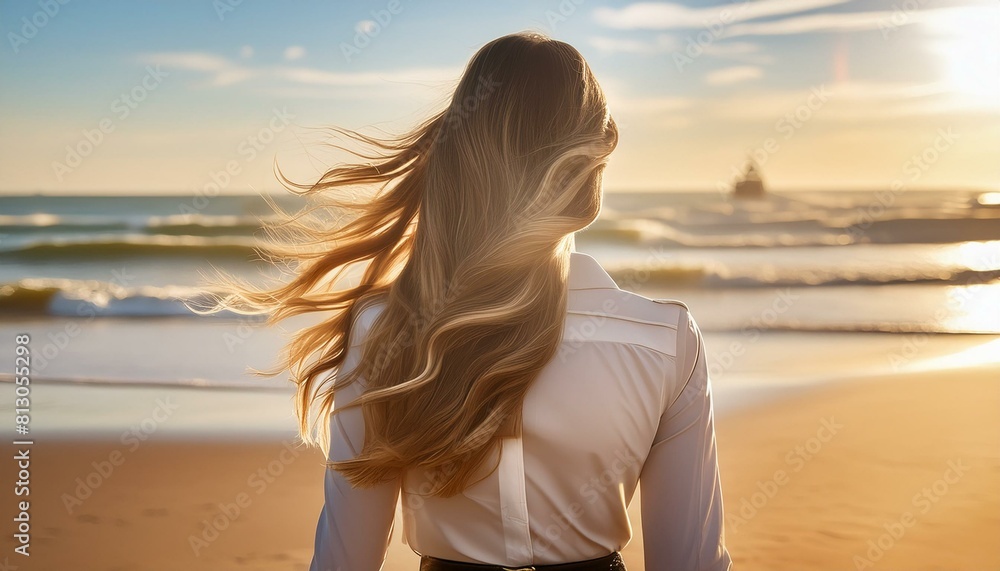 young woman in a swimsuit with flying hair walks along the beach young woman in a swimsuit with flying hair walks along the beach