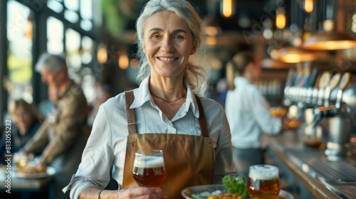 Smiling Waitress Serving at Pub