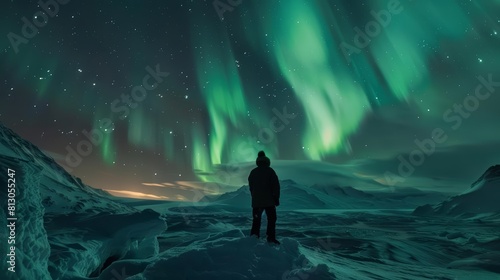 As the Arctic winds whisper through the icy landscape, the aurora borealis paints the night sky with a dazzling array of colors, illuminating the snowy terrain below