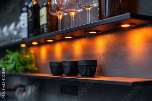 Interior of a modern cafe. Counter with glowing LED lights