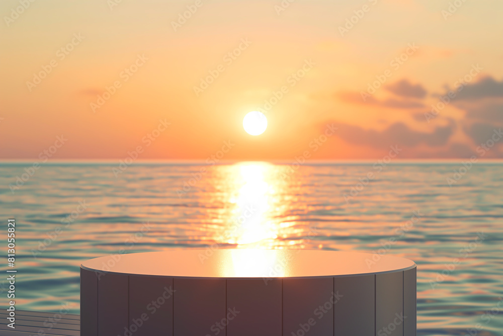 3d rendering of a podium on a wooden dock at sunset 3d rendering of a podium on a wooden dock at sunset