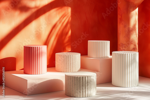 Podiums warm tone in a room with a pink background.