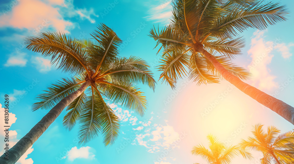 Coconut palm trees, Palm trees against the sky during a tropical sunset. Summer vacation Coconut palm trees, Palm trees against the sky during a tropical sunset. Summer vacation