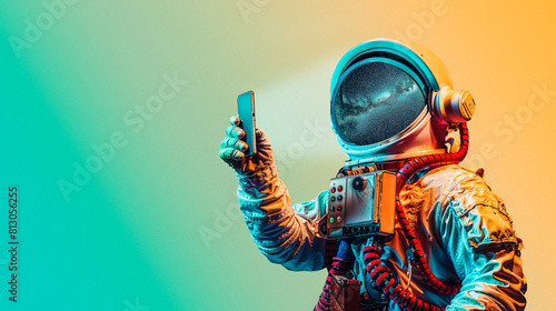 Man Holding Phone for Shopping themed An Astronaut Engaging with E-commerce app via Smartphone for Advertising, Technology, Online Shopping, Digital Marketing, Product Promotion with copy space photo