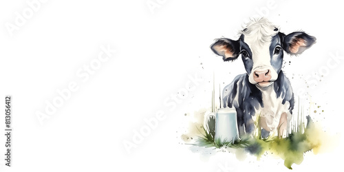 A calf and a jug of milk, watercolor illustration. White background, empty space for text. The concept of World Milk Day.
