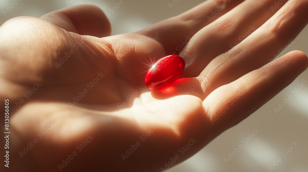 Close up of hand holding red pill, Health and medication concept Close up of hand holding red pill, Health and medication concept