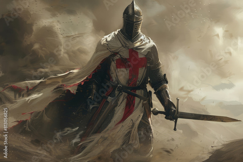 Templar knight in full armor standing ready for battle. Medieval Warrior