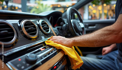 Man cleaning his car interior. Cleaning the car dashboard with yellow cloth. Topical car wash and care. protection of the interior of the automobile. cleaning, health and care concept.