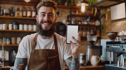 Tattooed Barista Presenting Smartphone