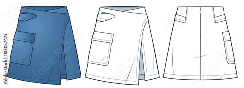  Wrap Skirt technical fashion illustration. Asymmetric mini Skirt fashion flat technical drawing template, pocket, back zipper, front slit, front and back view, white, blue, women CAD mockup set.