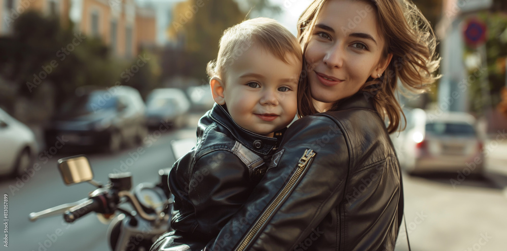 Obraz premium Young, stylish mother in a leather jacket lovingly holds her smiling toddler boy while standing on a sunny urban street, with soft-focus city life in the background