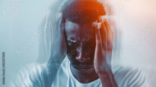 Young Man in Distress from Loud Noise. His face contorted in a grimace of pain, suggesting he is suffering from a severe headache or noise sensitivity. Migraine or intense stress