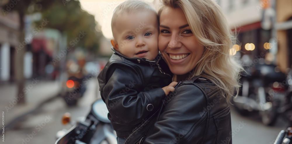 Joyful young mother holding her adorable baby enjoys a warm embrace on a bustling city street, showcasing a moment of love and happiness amidst urban surroundings Joyful young mother holding her adorable baby enjoys a warm embrace on a bustling city street, showcasing a moment of love and happiness amidst urban surroundings